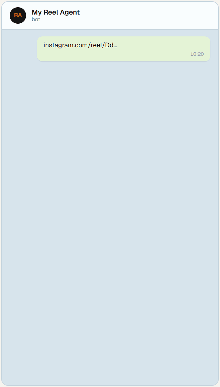 A Telegram chat: a reel link, the bot's breakdown with one-tap next steps, a build command, an approval request for git init, and the yes.