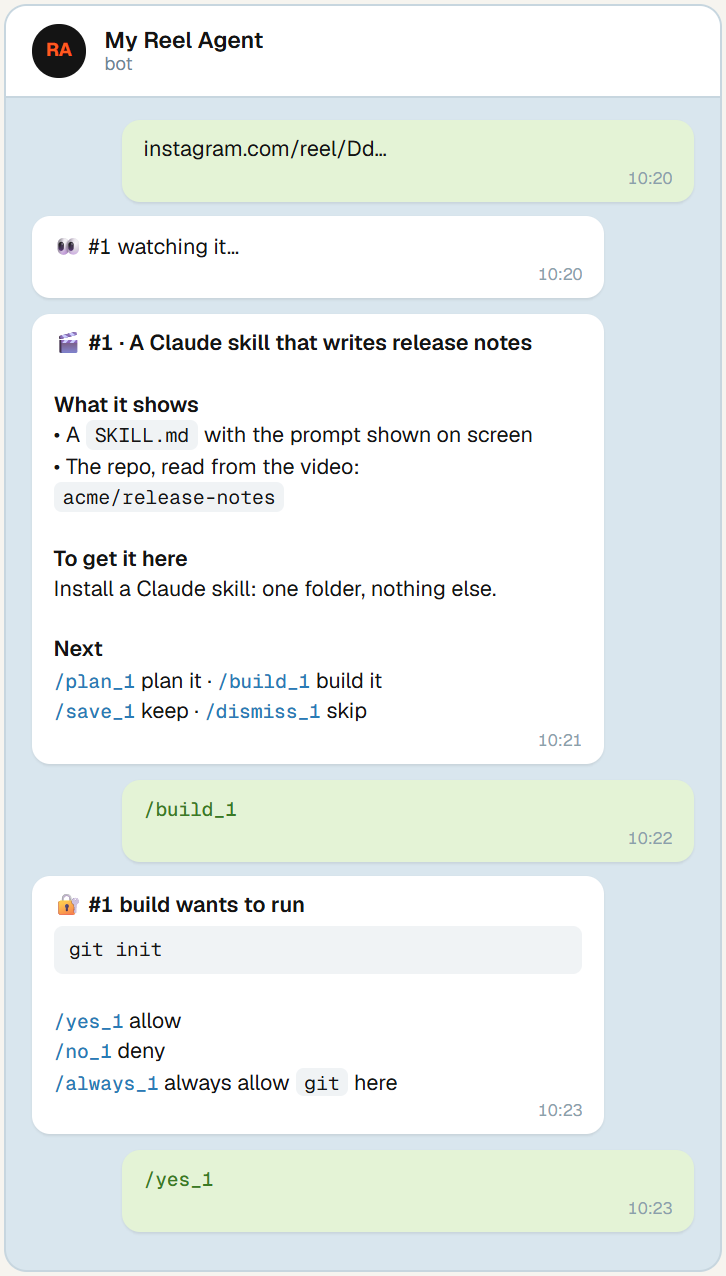 A Telegram chat: the bot's breakdown of a reel, listing the tool it shows, the links and commands, and one-tap next steps.